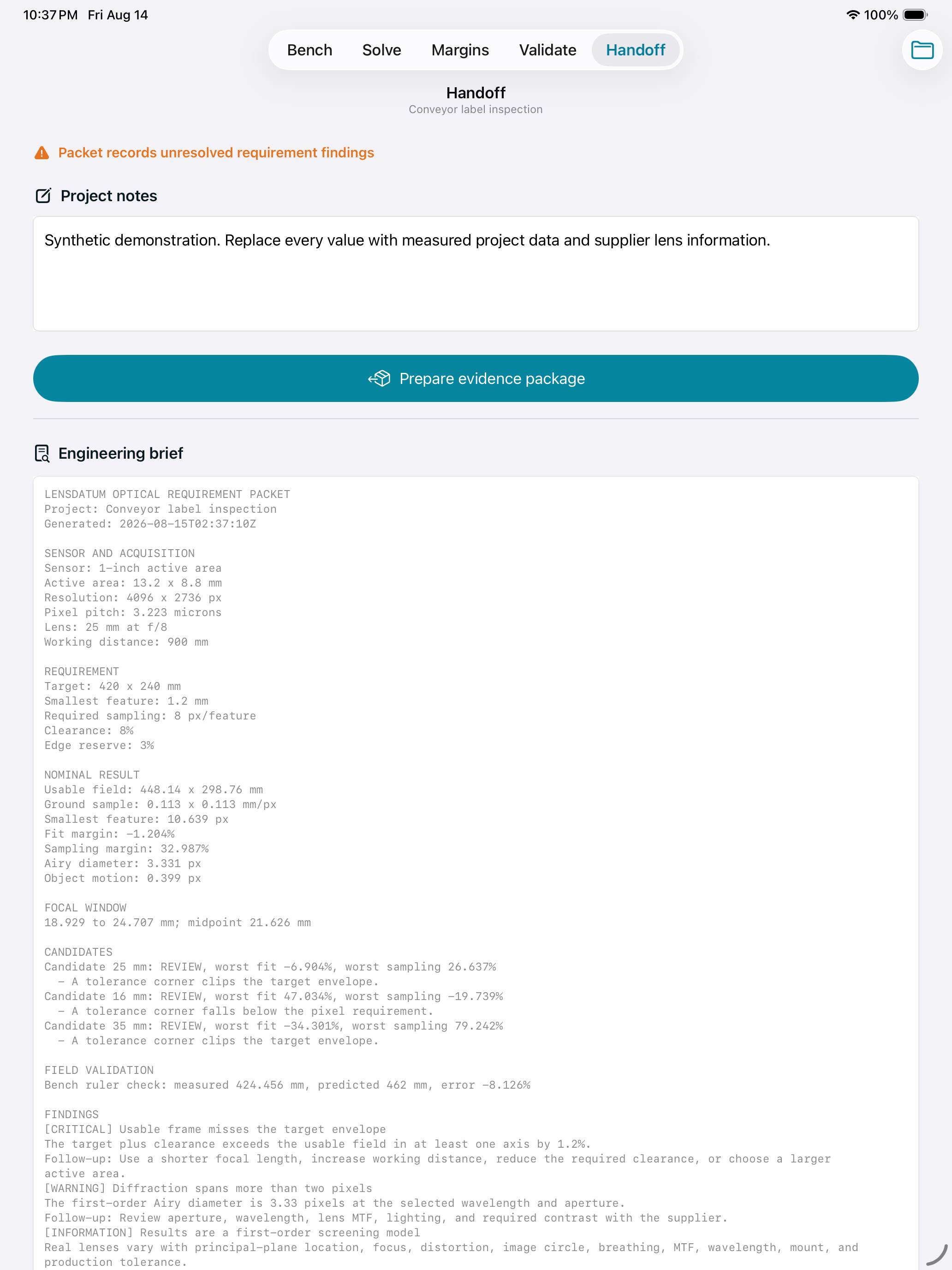 Lensdatum engineering brief and evidence export on iPad