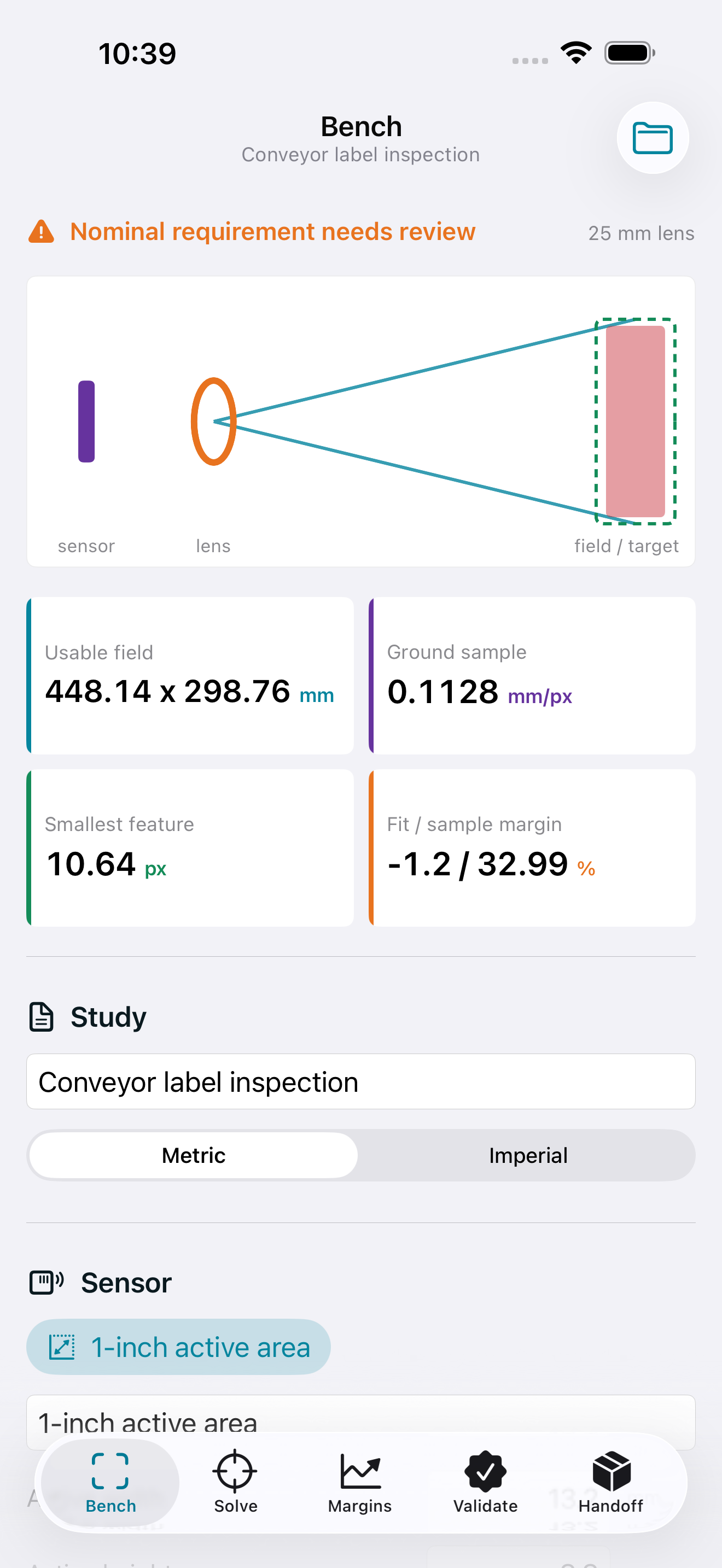 Lensdatum field geometry and live metrics on iPhone