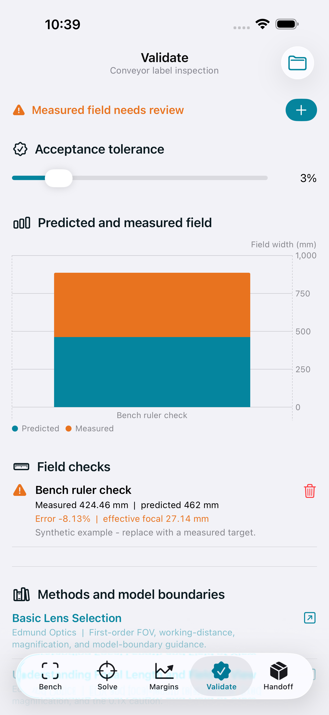 Lensdatum predicted and measured field validation on iPhone